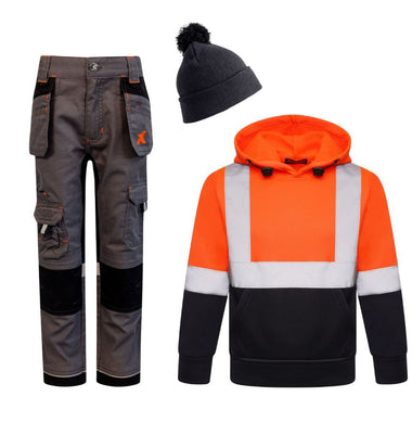 Xpert - Kids/Junior hoody (Orange Hi-Vis/Grey Trouser) bundle