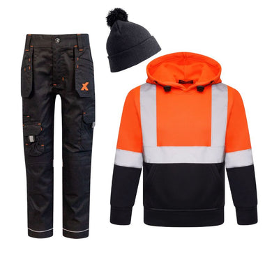 Xpert - Kids/Junior hoody (Orange Hi-Vis/Black Trouser) bundle