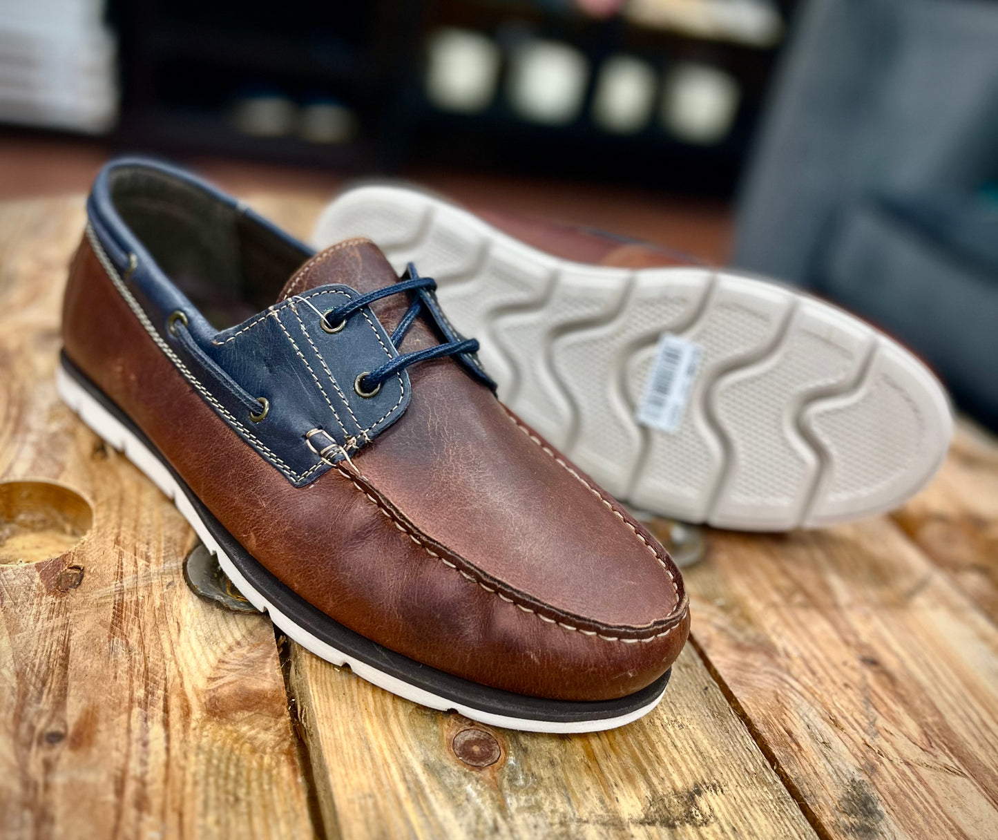 Men's Sal Leather Boat Shoes - Brown & Navy