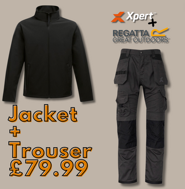 (BUNDLE) - Regatta Black Softshell Jacket + Xpert Pro Stretch+ Work Trouser Grey/Black