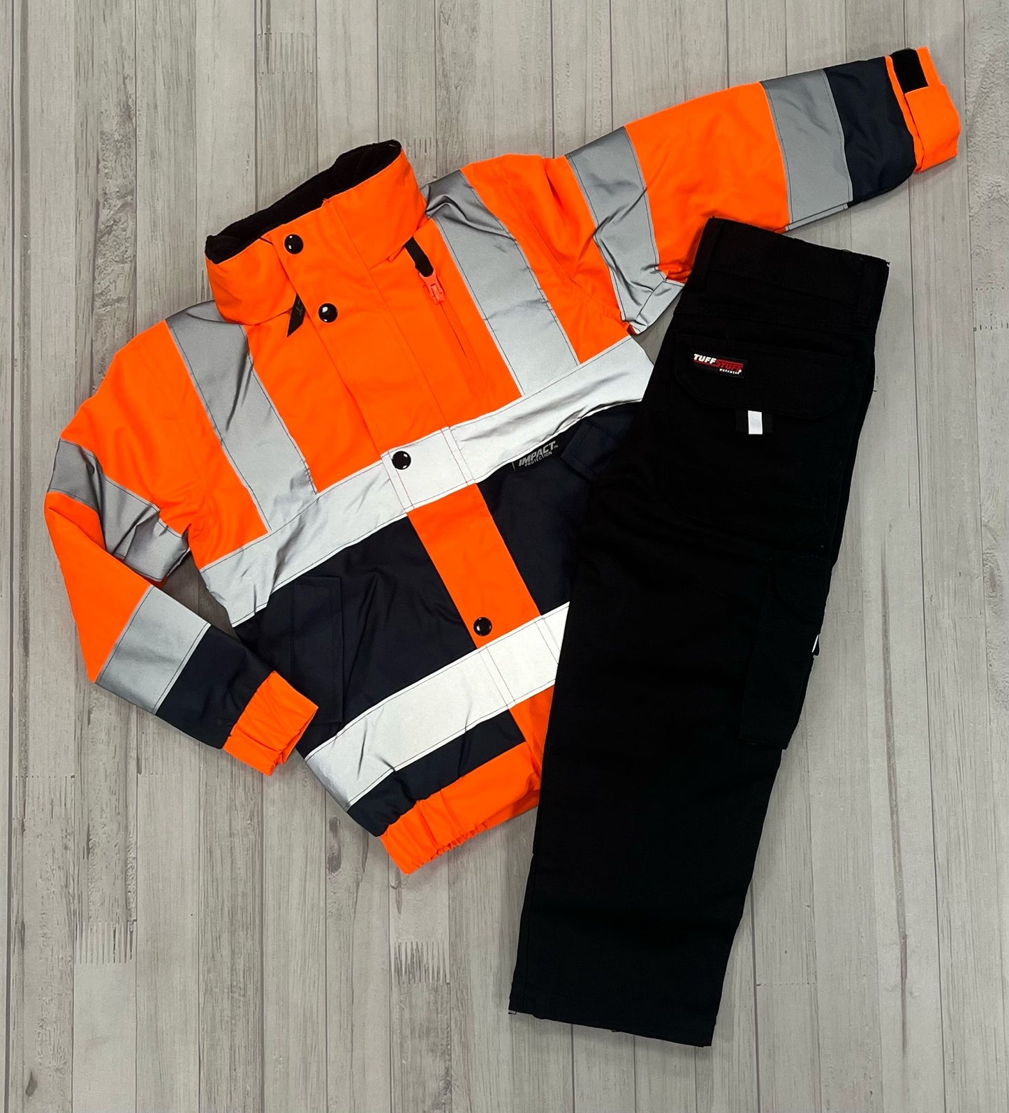 Kids Hi-Vis Jacket (Orange) & Work Trouser (Black) - Bundle