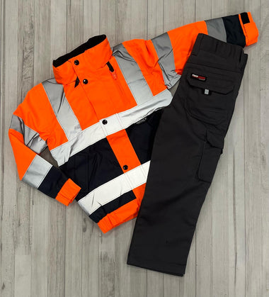 Kids Hi-Vis Jacket (Orange) & Work Trouser (Grey) - Bundle