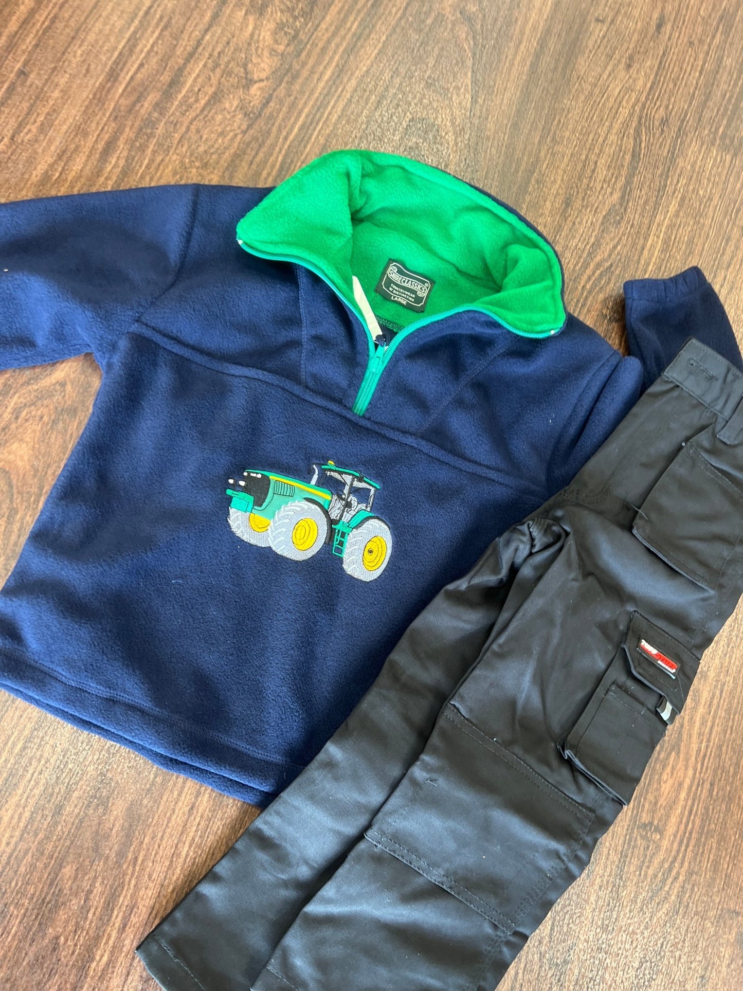 Kids - Green Tractor 1/2-Zip + Black Work Trousers (Bundle) - GLS Clothing