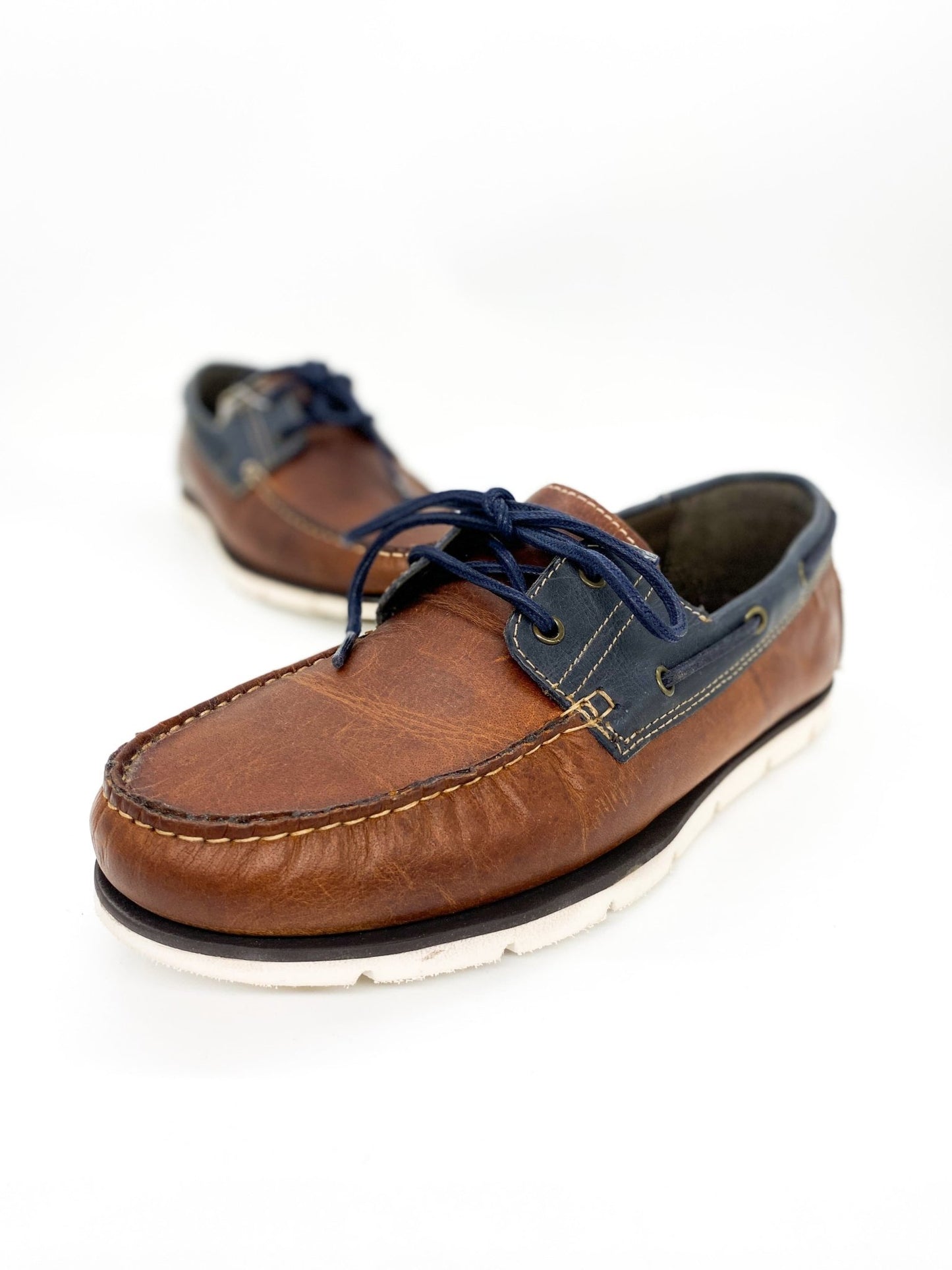 Men's Leather Boat Shoes Brown & Navy - Sal - GLS Clothing